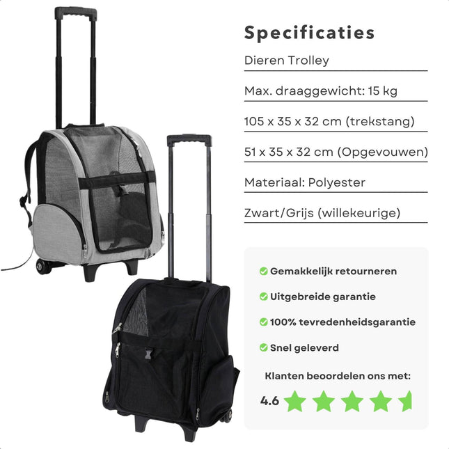 Cheqo® Hondentrolley - Geschikt voor Honden en Katten tot 15 kg - Inclusief Handige Rugtas - Opvouwbaar - 105 x 35 x 32 cm - Dierentrolley - Reismand - Honden Rugzak - Multifunctioneel - Opvouwbaar - Hondentas - Kattentas Reismanden
