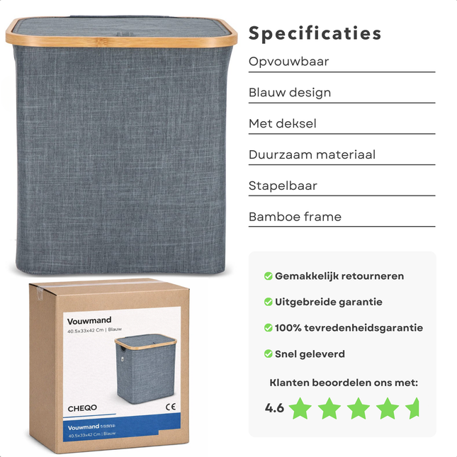 Cheqo® Wasmand - Wasmand met Deksel - Opvouwbare Wasmand - Wasmand met Klep - Blauwe Wasmand - Wasmand Badkamer - Wasmand Slaapkamer - Wasmand Wasruimte - Wasmand voor Wasgoed - Wasmand voor Handdoeken - Wasmand voor Beddengoed