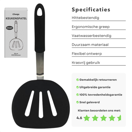 Cheqo® Spatel 30 cm - Hittebestendig RVS/Siliconen - Zwart Keukengerei
