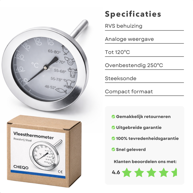 Cheqo® Vleesthermometer - Vleesthermometer Oven - Oventhermometer - Kernthermometer - Kerntemperatuurmeter - Keukenthermometer - Voedselthermometer - Kookthermometer - Thermometer Koken - Vleesthermometer Analoog