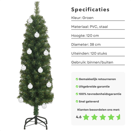 Cheqo® Kunstkerstboom Smal - Smalle Kerstboom - 120 cm - Levensecht PVC - Inclusief Standaard - Binnen/Buiten Gebruik