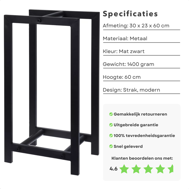 Mat zwarte metalen haardhoutrek van Cheqo® met afmetingen 30x23x60 cm, strak modern ontwerp en klantbeoordeling van 4.6 sterren.