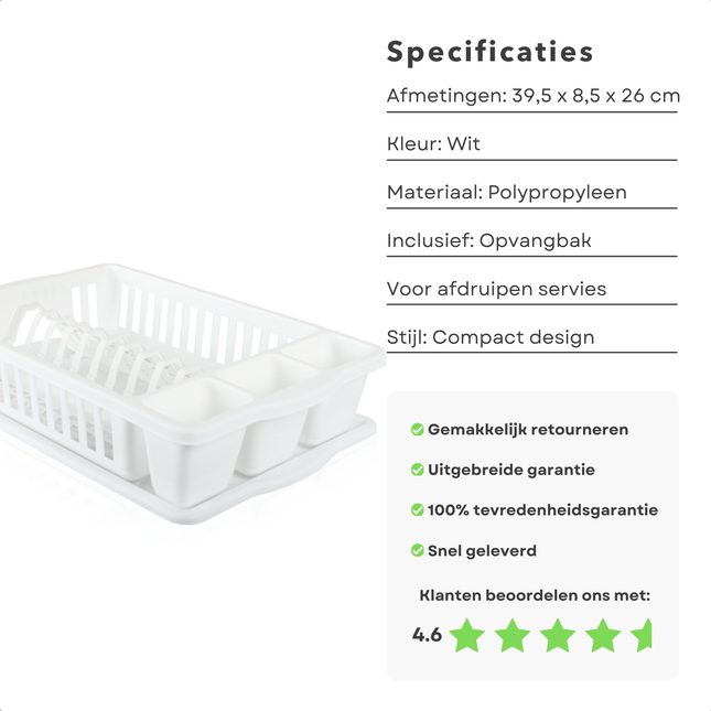 Cheqo® Afdruiprek Wit - Afwasrek met Lekbak en Bestekhouder - Vaatwasrek - Keukenrek - Polypropyleen - 39,5x8,5x26 cm - Met Opvangbak