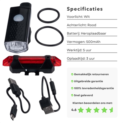 Cheqo® Fietsverlichting Set - USB Oplaadbaar - Spatwaterdicht IP44 - LED Knippermodi - Gereedschapsloze Installatie