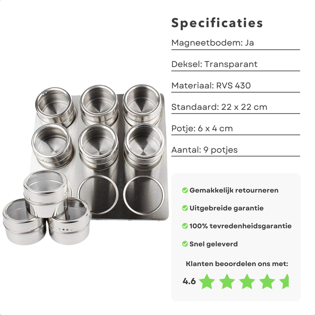 Magnetisch kruidenrek met 9 RVS potjes en transparant deksel, ruimtebesparend ontwerp met hoge klantbeoordeling.