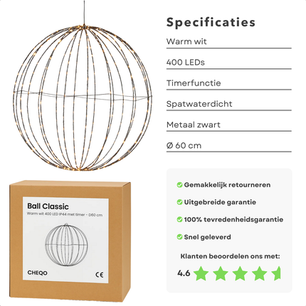 Cheqo® LED Kerstbal - Kerstverlichting Voor Buiten - Warm Witte LED-Lampjes - Verlichte Bal - Timerfunctie - Buitengebruik - Kerst Tuinverlichting - Hangende LED Bollen - Zwarte Metalen Frame - Kerstfiguur - Kerstdecoratie