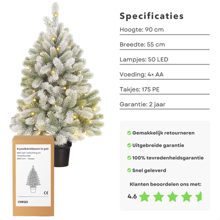 Cheqo® Kunstkerstboom Met Verlichting - Kleine Kerstboom - LED Lichtjes - Warm Wit Licht - Batterij Aangedreven - Compacte Kerstboom - Tafeldecoratie Kerstboom - Subtiel Besneeuwde Takken - Sfeervolle Decoratie - PE-Takken - Mini Kerstboom