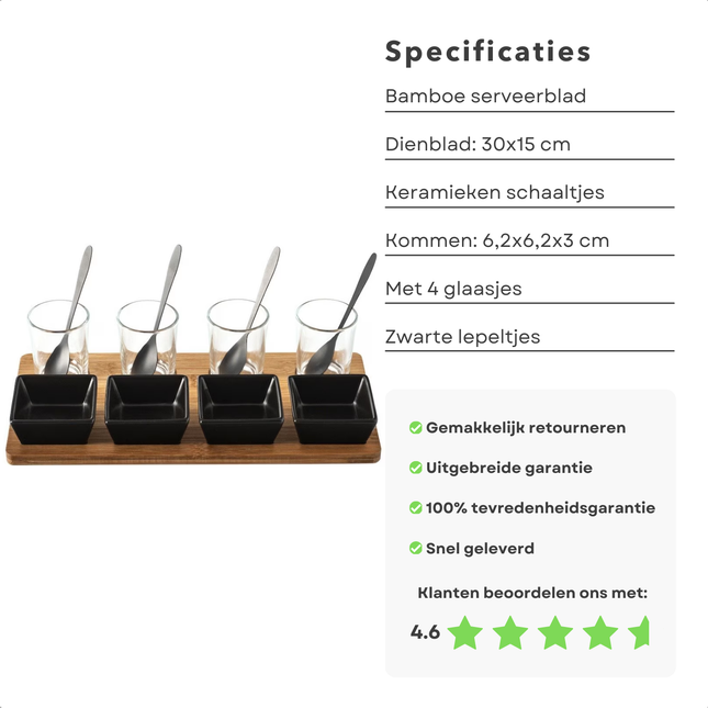 Cheqo tapas serveerset met bamboe plank, glazen, zwarte schaaltjes, en lepeltjes, inclusief product specificaties en klantbeoordeling.