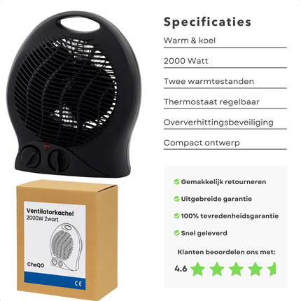 Cheqo® Ventilatorkachel - Compacte Kachel - Draagbare Verwarming - Warme En Koude Lucht - Heater - Verwarmer - Bureau Verwarming - Praktisch Handvat - Bijverwarming - Caravan Verwarming - Tent Verwarming