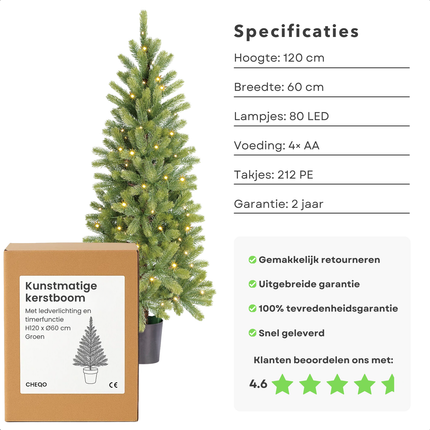 Cheqo® Kunstkerstboom Met LED-Verlichting - Kerstboom Met Timer - Nagoya Kunstkerstboom - Sfeervolle Kerstdecoratie - Compacte Kerstboom - Kerstboom Met Batterijen - Warm Wit LED-Licht - Dennenboom - Makkelijk Op Te Zetten