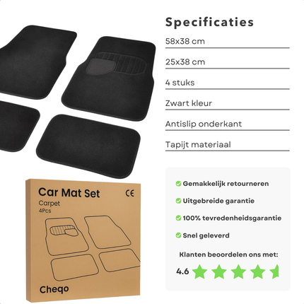 Cheqo® Universele Automatten - 4-Delige Set - Anti-Slip Bodem - Automatten Zwart - Eenvoudig Te Reinigen - Glijvaste Rug - Automatten Voor En Achter - Universeel Toepasbaar - Automatten Set - Chauffeursmat - Bijrijdermat - Matten Achterin