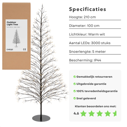 Cheqo® Outdoor Lichtboom - Kerstverlichting Buiten - Micro LED-Lampjes - Warm Wit Licht - IP44 Spatwaterdicht - Zwarte Metalen Frame - 210 CM Hoogte - Tuinverlichting Kerst - Kerstboom Vorm