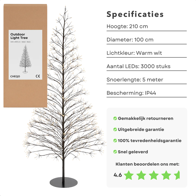 Cheqo® Outdoor Lichtboom - Kerstverlichting Buiten - Micro LED-Lampjes - Warm Wit Licht - IP44 Spatwaterdicht - Zwarte Metalen Frame - 210 CM Hoogte - Tuinverlichting Kerst - Kerstboom Vorm