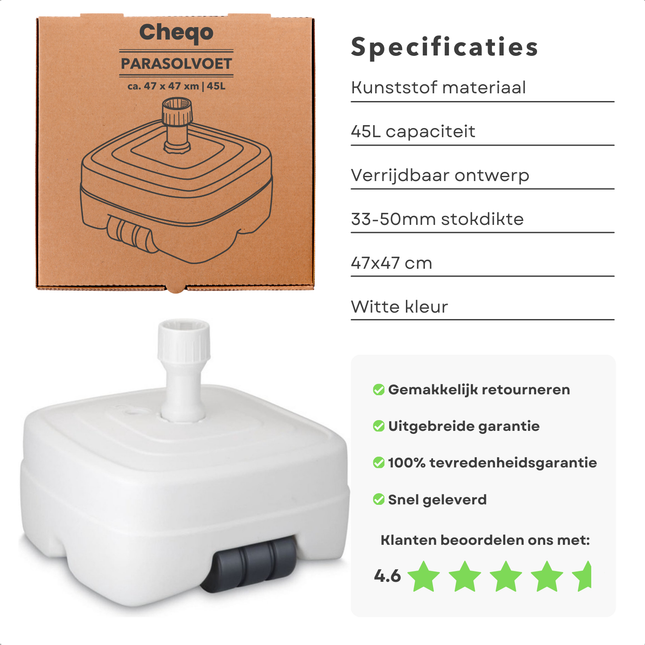 Cheqo® Parasolvoet - Vulbaar 45L - Verrijdbaar - Stevige Kunststof Parasolstandaard - Verrijdbaar - Geschikt voor 33-50 mm - Wit