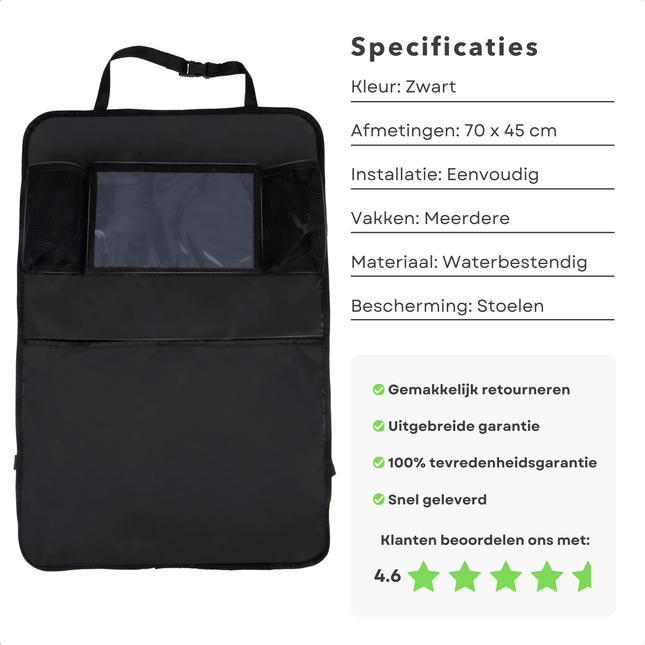 Cheqo® Autostoel Organizer met Tablethouder - Auto Stoel Beschermhoes - Auto Organizer voor Kinderen - Zwart - Verstelbare Opbergtas - 70x45 cm - Vlekbestendig