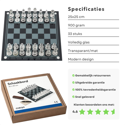 Cheqo® Glazen Schaakset - Glazen Schaakspel - Glazen Schaakbord - Schaakset - Schaakspel - Schaakbord - Schaakbordspel - Schaakset Volwassenen - Schaakspel Volwassenen - Luxe Schaakset - Schaakset Cadeau