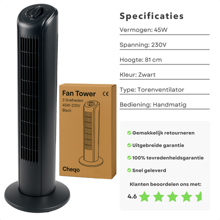Cheqo® Torenventilator Zwart - Energiezuinig - Staande Ventilator 81 cm - Voor Slaapkamer - Fan - Airco Alternatief - Vloerventilator
