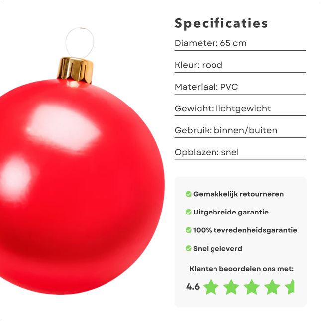 Cheqo® Opblaasbare XL Kerstbal 65 cm - Grote Kerstbal - Kerstversiering voor Tuin - Rood