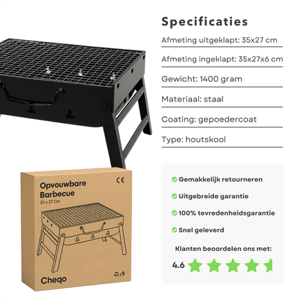 Cheqo® Opvouwbare Barbecue - Draagbare Houtskool Grill - Tafel Barbecue - Camping Barbecue - Gepoedercoat Staal - Compact En Lichtgewicht - Voor Strand En Park - Barbecue Voor Balkon - Kleine Draagbare Bbq