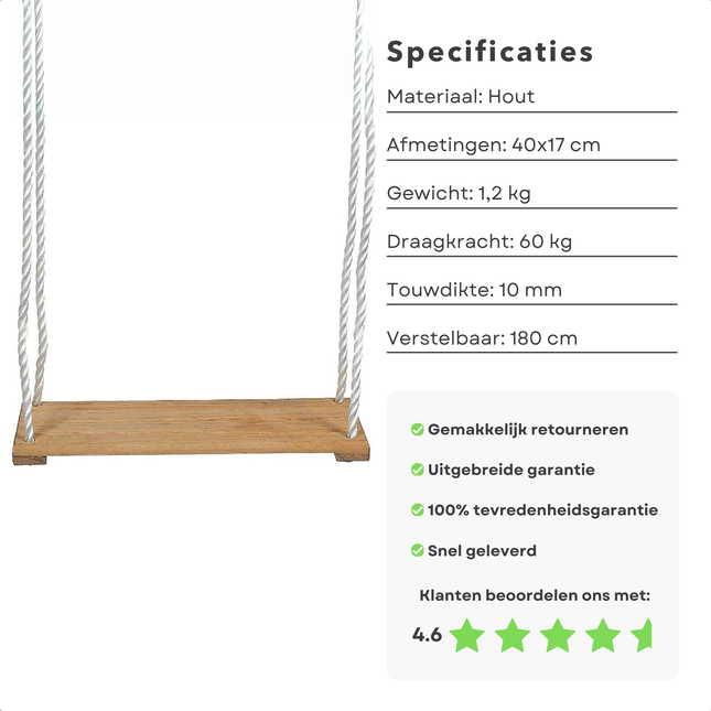 Cheqo® Houten Schommel Plank - Verstelbaar tot 180 cm - Kinderschommel voor Buiten - Max. 60 kg Draagkracht