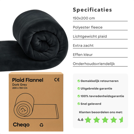 Cheqo® Fleece Deken - Plaid Fleece - Superzachte Deken - 150 x 200 cm - Zwart - Hoogwaardig Polyester - Wasmachine Wasbaar - Elegante Kleur - Veelzijdig Gebruik - Duurzame Fleece - Zacht Dekentje - Bank Of Bed - Warme Deken - Wintermaanden
