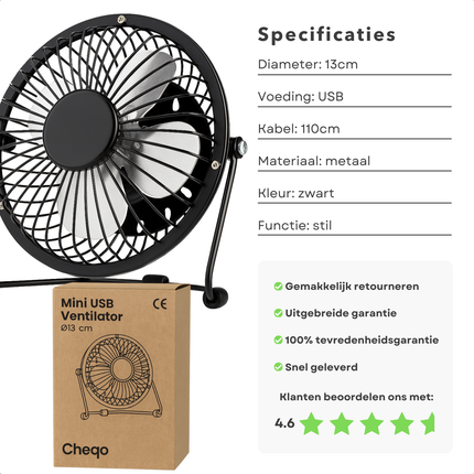 Cheqo® Mini Usb Ventilator - Usb Tafelventilator - Stille Werking - Compacte Ventilator - Usb-Aangedreven - Kantelbaar Ontwerp - Gerichte Luchtstroom - Usb Kabel Inbegrepen - Metalen Ventilator - Bureau Ventilator - Nachtkastje Ventilator