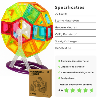 Cheqo® Magnetische Bouwtegels - Magnetic Tiles - Magnetische Bouwstenen - Magnetisch Montessori Speelgoed - 70-delige Set - Educatief Speelgoed voor Kinderen - Constructie Speelgoed - Magnetische Tegels