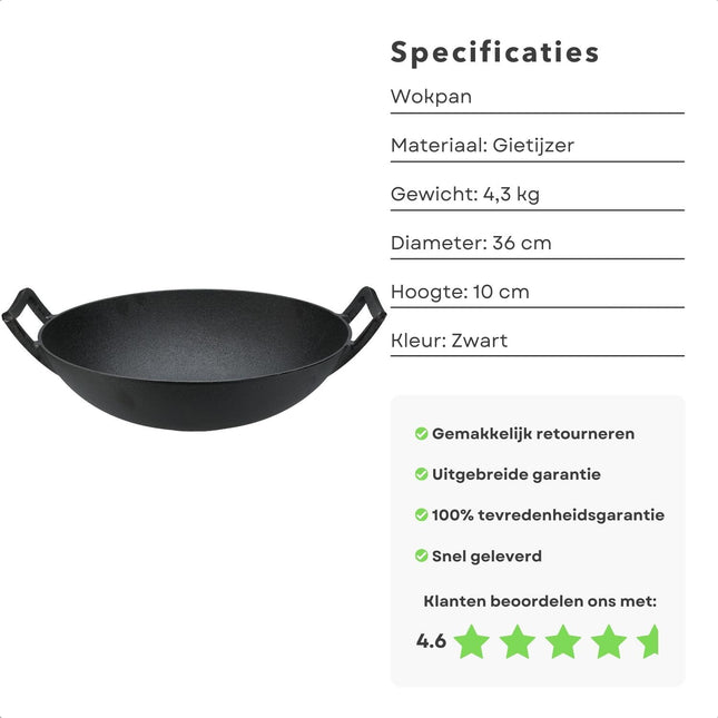 Cheqo® - Gietijzeren Wokpan - Ø36 cm - Zware Kwaliteit - BBQ en Open Vuur - Duurzaam Koken - Robuuste Handvatten - 4.3 kg - Lange Levensduur - Anti-Aanbaklaag Wokpannen