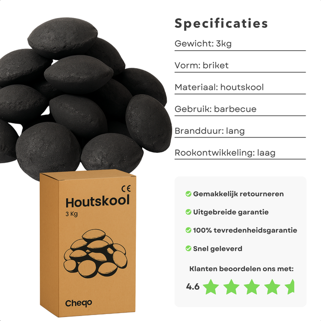 Cheqo® Houtskool BBQ Briketten - Houtskoolbriketten - 3 kg - Barbecue Briketten - Perfect voor Grillen - Hoogwaardige Kwaliteit