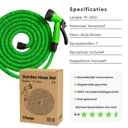 Cheqo® Flexibele Tuinslang Set - Uitrekbare Tuinslang - Tuinsproeier - Waterslang - Flexibele Tuinslang - Uittrekbaar - 10-20M Uitrekbaar - Inclusief Sproeikop - Kunststof