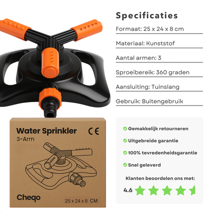 Cheqo® 3-Armige Wervelende Tuinsproeier – Zwenksproeier met 360 Graden Bewatering – Gazonsproeier met Tuinslangaansluiting – Waterstroom Aanpasbaar – Brede Spray & Smalle Straal
