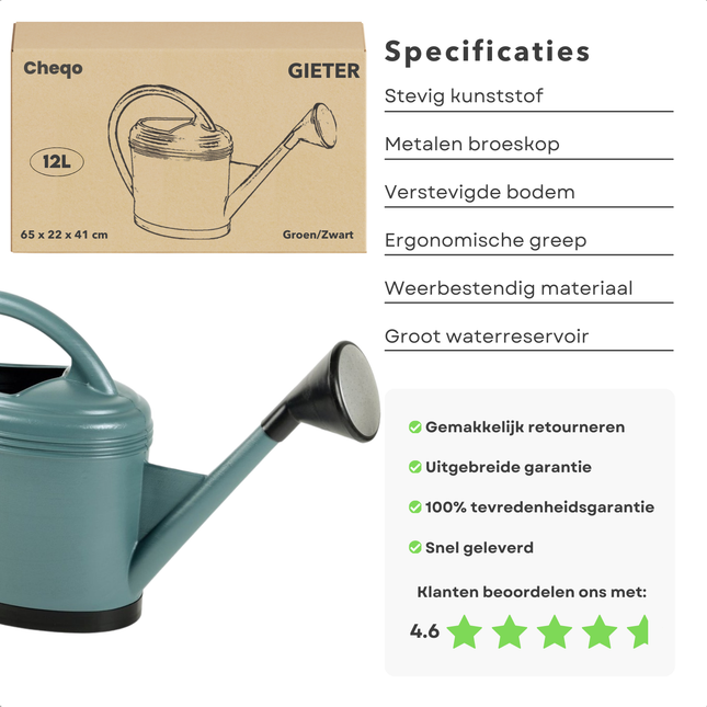 Cheqo® Tuingieter 12L - Gieter met Verstevigde Bodem - Metalen Broeskop - Kunststof Groen/Zwart