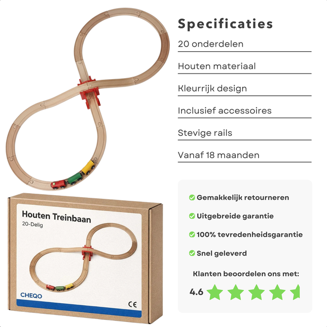 Cheqo® Houten Treinbaan - Houten Treinset - Treinbaan - Treinset - Houten Treinbaan Set - Treinbaan met Trein - Treinbaan met Accessoires - Treinset 20 Delig - Treinbaan Vanaf 18 Maanden