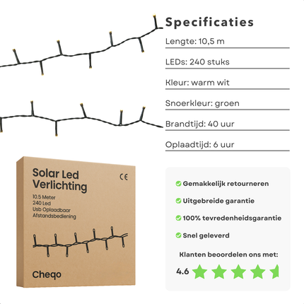 Cheqo® Solar Lichtsnoer - Kerstverlichting Buiten - Kerstboomverlichting - Cluster Verlichting - 10.5 Meter - 240 Led - Met Afstandsbediening - Warm Wit Licht - Tuinverlichting Op Zonne-Energie - Sfeerverlichting Buiten - Lichtslinger - Met Timer