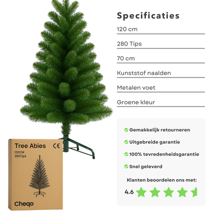 Cheqo® Kunstkerstboom - Zilverspar Uiterlijk - 120 cm Kerstboom - 280 Takken - Metalen Voet - Stabiele Kerstboom - Duurzame Kerstboom - Allergievrij - Onderhoudsvriendelijk - Compacte Kerstboom - Kindvriendelijke Hoogte - Eenvoudig Op Te Zetten