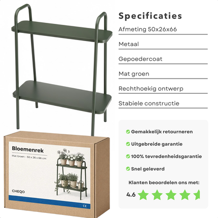 Cheqo® Bloemenrek - Plantenrek - Plantenstandaard - Plantenrek Binnen - Plantenrek Buiten - Bloemenrek Binnen - Bloemenrek Buiten - Groen Bloemenrek - Groen Plantenrek - Plantenrek met Niveaus - Plantenstandaard met Verdiepingen