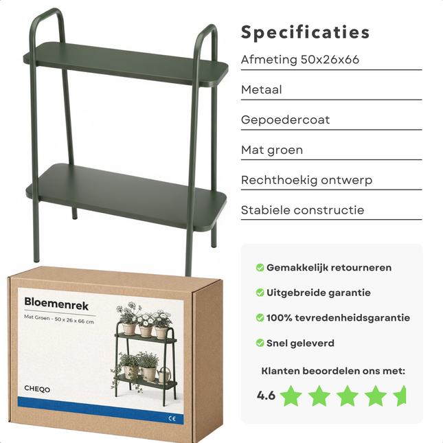 Cheqo® Bloemenrek - Plantenrek - Plantenstandaard - Plantenrek Binnen - Plantenrek Buiten - Bloemenrek Binnen - Bloemenrek Buiten - Groen Bloemenrek - Groen Plantenrek - Plantenrek met Niveaus - Plantenstandaard met Verdiepingen