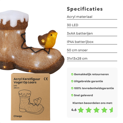 Cheqo® Verlicht Kerstfiguur Acryl - Vogel Op Laars - LED Verlichting - Kerstversiering - Acryl Materiaal - Werkt Op Batterijen - Binnen En Buiten - Timerfunctie - IP44 Batterijbox - Verlicht Kerstfiguur - Decoratieve Verlichting