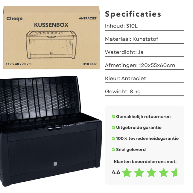 Cheqo® Tuinkussen Opbergbox - Kussenbox - Kussen Opbergbox - Kunststof Kist - Grote Opslag voor Buiten