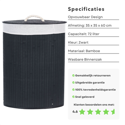 Cheqo® Bamboe Wasmand met Waszak - Hoekmodel - Wassorteerder Opvouwbaar 72L - Zwart - Met Deksel en Binnenzak