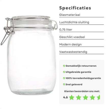 Cheqo® Glazen Weckpot - Inmaakpot - Glazenpot - Voorraadpot 0.75L - Glazen Voorraadpotten - Luchtdichte Bewaarpot - Glas