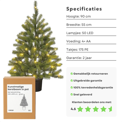 Cheqo® Kunstkerstboom Met LED Verlichting - Mini Kerstboom op Batterijen - Tafelkerstboom - Compacte Kerstdecoratie - Warm Witte LED Lampjes - Luxe Takken - Eenvoudig Op Te Zetten - Kerstboom In Pot - 90 CM Hoog