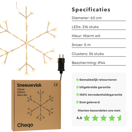 Cheqo® Verlichte Sneeuwvlok - Deurkrans - 216 Led Lampjes - Warm Wit Licht - Ø60 cm - Binnen En Buiten Gebruik - IP44 Beschermwaarde - Kerstdecoratie - Grote Sneeuwvlok - Firework Effect - 5 Meter Aansluitsnoer - Energiezuinige Verlichting
