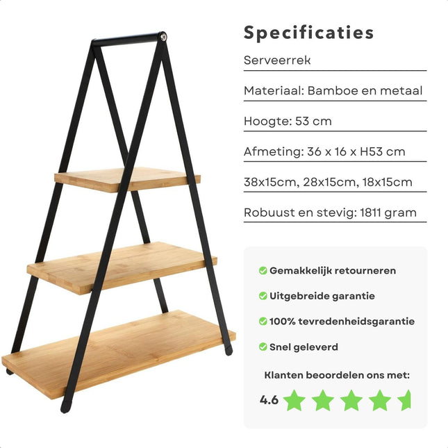 Cheqo® Robuuste Bamboe Etagere - 3 Lagen - Hoogte 53 cm - Stevig en Stijlvol Design - Serveertoren - Serveerplank - Borrelplank - Hapjesplank - Metaal - Luxe Uitvoering Etagere