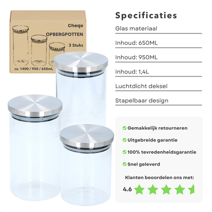Cheqo® Glazen Voorraadpotten - Glazen Potjes Met Deksel - Opbergpotten Set - Luchtdichte Bewaardozen - Keuken Voorraadpotten