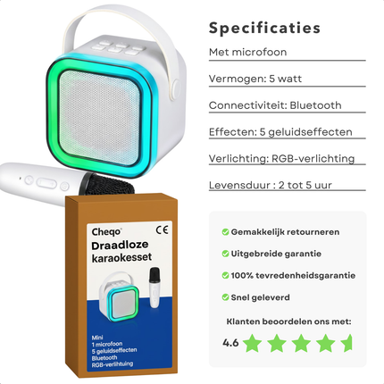 Cheqo® Draadloze Karaoke Set - Karaoke Set Mini - Compacte Karaoke Set - Draadloze Microfoon - RGB-Verlichting - Karaoke Voor Kinderen - Karaoke Voor Volwassenen - Bluetooth - AUX- USB - Party Speaker - Bluetooth Speaker