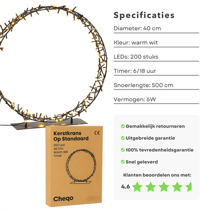 Cheqo® Kerstkrans Op Standaard - 200 Led Verlichting - 40 cm Diameter - Warm Wit Licht - Automatische Timer - Binnen En Buiten Gebruik - Metalen Standaard - IP44 Adapter - Met Timer - Kerst Krans - Kerstverlichting