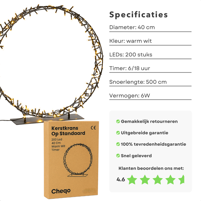 Cheqo® Kerstkrans Op Standaard - 200 Led Verlichting - 40 cm Diameter - Warm Wit Licht - Automatische Timer - Binnen En Buiten Gebruik - Metalen Standaard - IP44 Adapter - Met Timer - Kerst Krans - Kerstverlichting