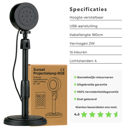 Cheqo® Sunset Lamp - 16 Kleuren - LED Projectorlamp - Afstandsbediening - Sfeerverlichting - RGB Lamp - Dimbare LED - USB-A Aansluiting - Verstelbare Hoogte - Tafellamp - Nachtlamp - Decoratief Sfeerlicht - Zonsondergang Projectie