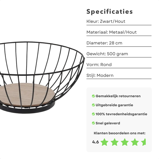 Cheqo® Design Fruitschaal - Fruitmand - Draadmand - Zwart Metaal - 28 cm - Houten Bodem - Moderne Keuken Decoratie